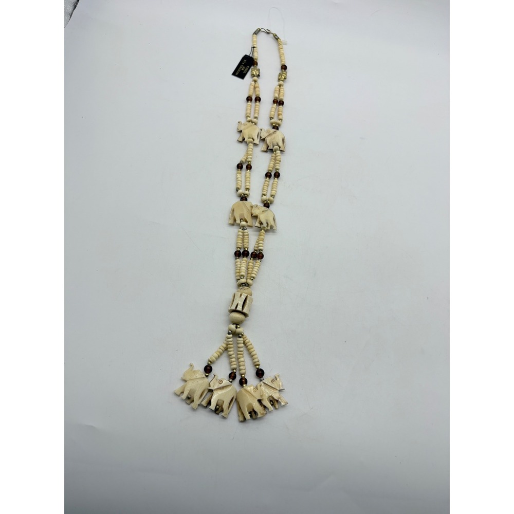 Carol for Eva Graham Beaded Elephant Tassel Necklace Cream Boho